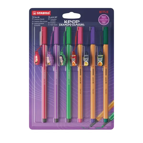 Stabilo Pen 68 y Point 88 K-Pop Demon Hunter Pack - 6 Rotuladores de Punta de Fibra y Tinta a Base de Agua