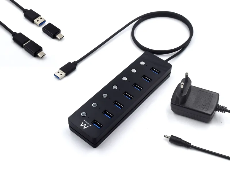 Ewent Hub Usb 7 En 1 - Alimentacion Externa - Interruptores Individuales - Incluye Adaptador Usb-C - Cable De 1.2M - Color Negro