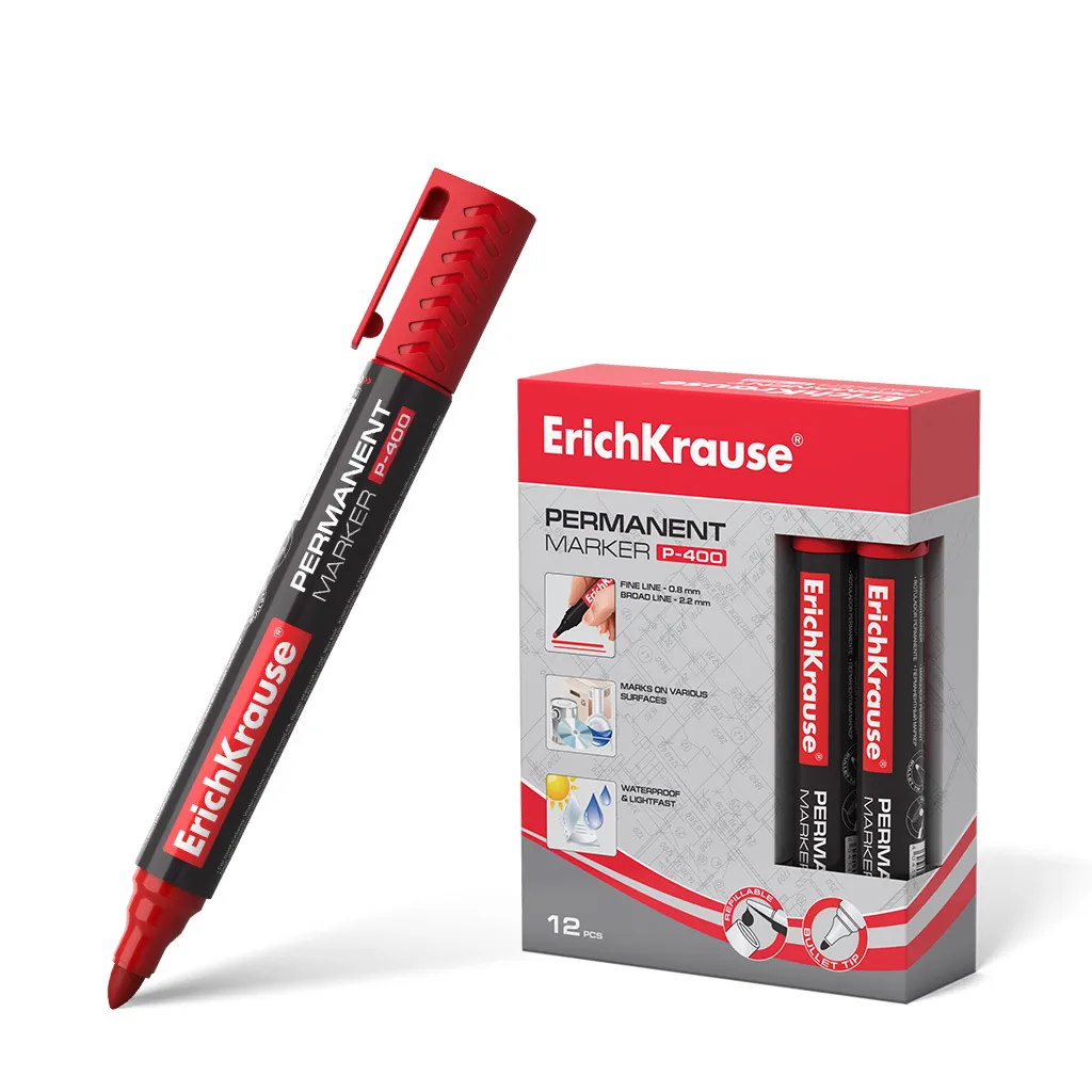 ErichKrause Marcador Permanente P-400 Punta Bala Color Rojo Resistente a Superficies