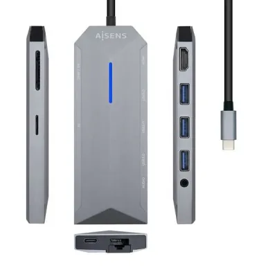 Aisens Hub USB-C 9 en 1 con 3x USB-A 3.0, HDMI, RJ45, PD 100W, Audio 3.5mm, Lector SD y MicroSD