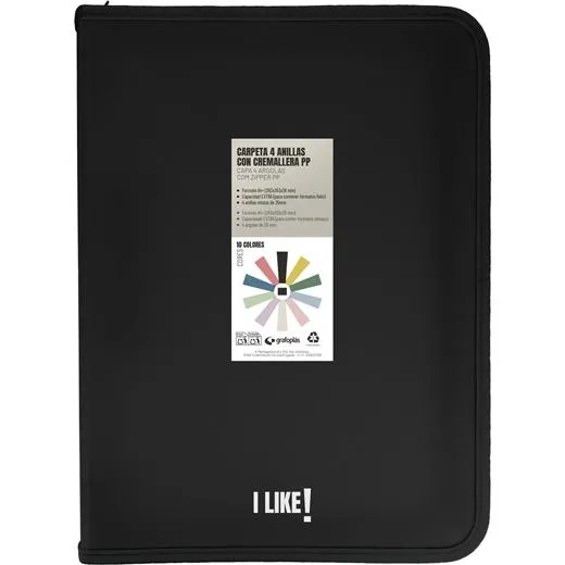 Grafoplás Carpeta Anillas Mixtas 4x25mm con Cremallera A4+ PP Rígido Negro