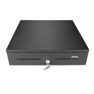 AVPos Cajón Portamonedas Automático 41cm - 5 Posiciones Billetes, 8 Monedas, RJ11, Acero Negro