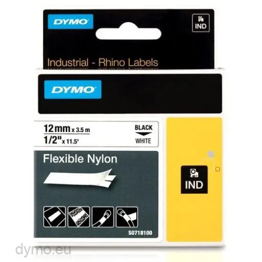 Dymo Cinta De Etiquetas Industrial Adhesiva ID1-12 Negro Sobre Blanco 12mmx3.5m Nylon Flexible Rotuladora Rhino