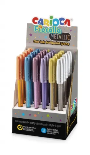 Carioca Fiorella Expositor 30 Bolígrafos Colores Metálicos Punta Esfera Cuerpo Transparente Fluo