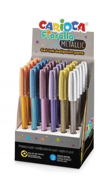 Carioca Fiorella Expositor 30 Bolígrafos Colores Metálicos Punta Esfera Cuerpo Transparente Fluo