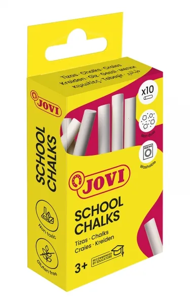 Jovi School Chalks Caja Con 10 Tizas Blancas - Compactas - Sin Polvo - Materias Primas Naturales - Trazos Nitidos - Faciles De Borrar - Muy Resistentes - Poco Resto De Polvo - Color Blanco