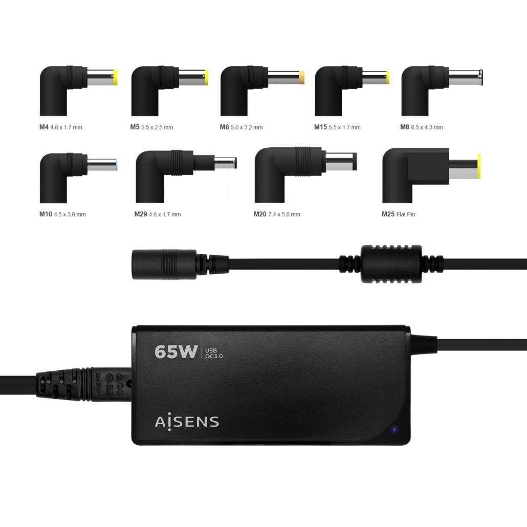 Aisens Cargador Universal Multitension Para Portatil 65W Automatico Con 9 Conectores + Usb-A Qc.3.0