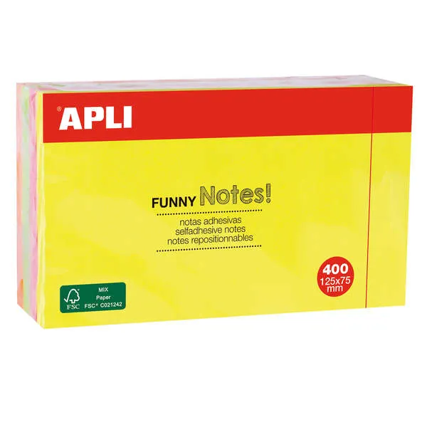 Apli Funny Bloc De 400 Notas Adhesivas Reposicionables 125X75Mm - 4 Colores Surtidos (100 Hojas Por Color) - Colores Fluor