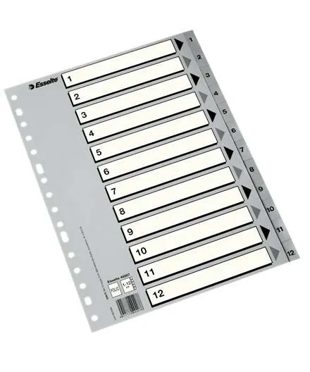 Esselte Indice Numerico De Plastico - Pestañas 1 Al 12 - Multitaladro - Formato A4 - Color Gris