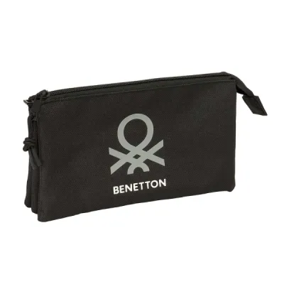 Safta Benetton Basics Portatodo - 3 Compartimentos Con Cremalleras - Bolsillo Interior - 0.6L - 220X30X120Mm - Color Negro