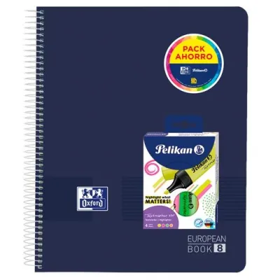Oxford Pack Cuaderno Europeanbook A4+ 160H 5x5 Tapa Plástico + 4 Resaltadores Neón Surtidos