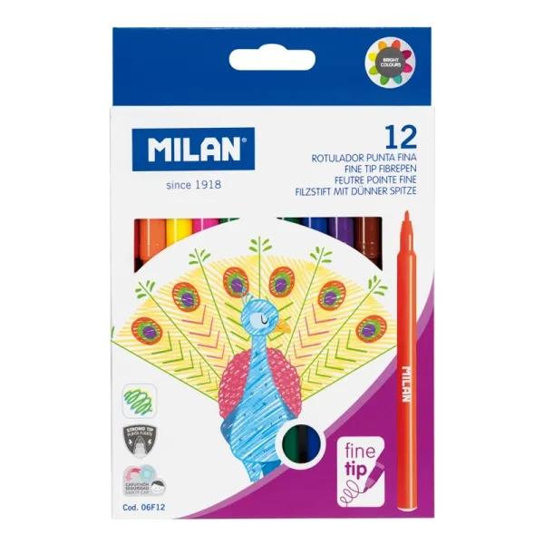 Milan Pack de 12 Rotuladores Punta Fina 2mm Tinta al Agua Colores Surtidos