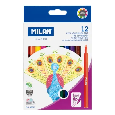 Milan Pack de 12 Rotuladores Punta Fina 2mm Tinta al Agua Colores Surtidos