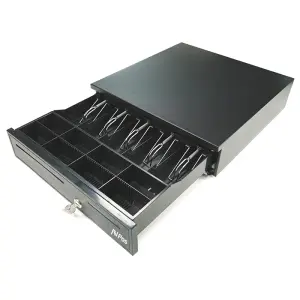 AVPos Cajón Portamonedas Automático 41cm - 5 Posiciones Billetes, 8 Posiciones Monedas, RJ11, Negro