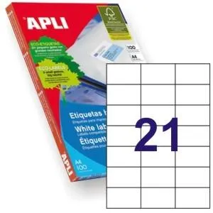 Apli Etiquetas Adhesivas 70X42,4Mm Inkjet/Láser C/Rectos 21 X 100H Blanco