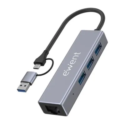 Ewent Adaptador USB-C y USB-A/M 3.2 Gen1 a Ethernet Gigabit + Hub 3xUSB-A 15 cm Gris