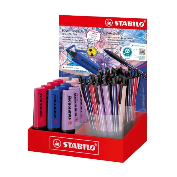 Stabilo Boss Naturecolors Wildflower Expositor Con 15 Marcadores Boss + 38 Boligrafos Pointball -Tinta De Los Boligrafos Azul - Colores Surtidos
