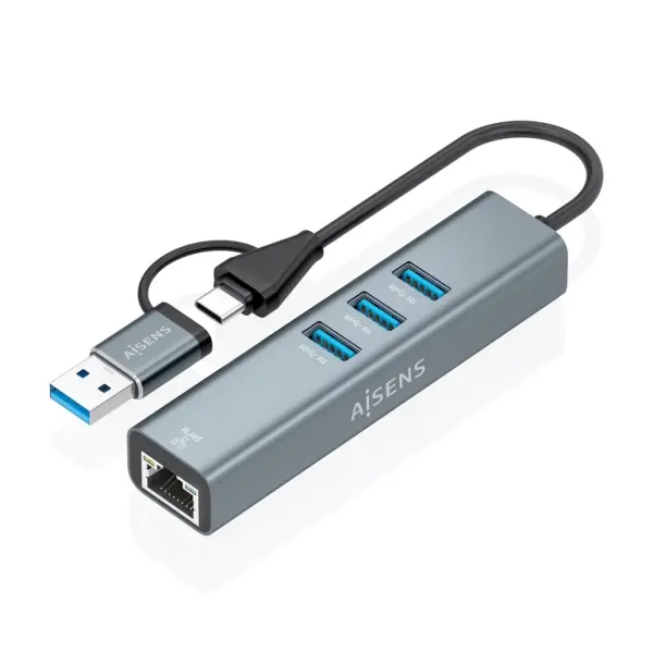 Aisens Conversor USB 3.2 Gen 1 + USB-C a Ethernet Gigabit 10/100/1000 Mbps Hub 3xUSB 3.0 15cm Gris