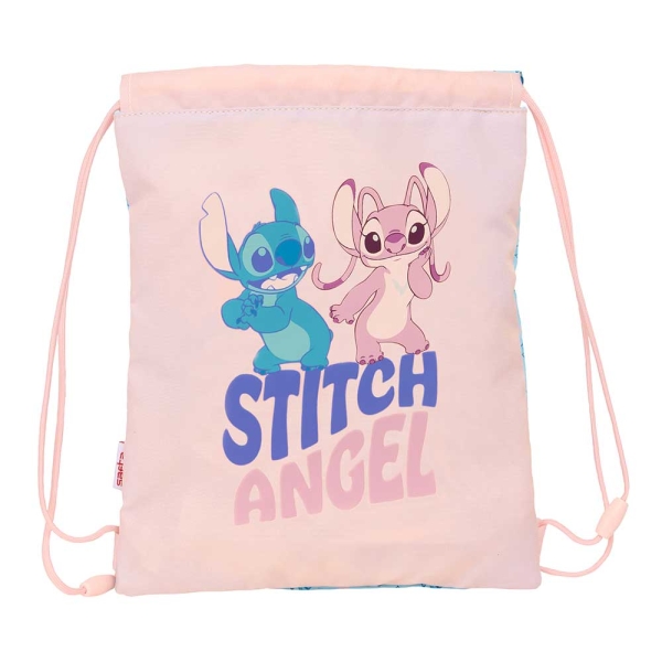 Safta Stitch Ohana Saco Plano - Bolsillo Con Cremallera - Cierre Con Cordones - 3L - 260X10X340Mm - Color Rosa Pastel