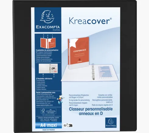Exacompta Carpeta 4 Anillas Mixtas 60Mm Kreacover Forrada Pp A4+ Personalizable 3 Bolsos Exteriores Negro