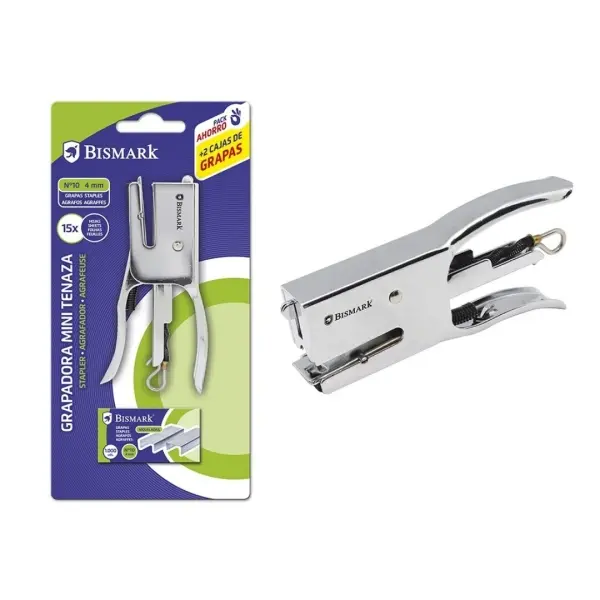 Bismark Grapadora Mini Tenaza Cromada 2000 Grapas 15 Hojas Diseño Ergonómico Plata