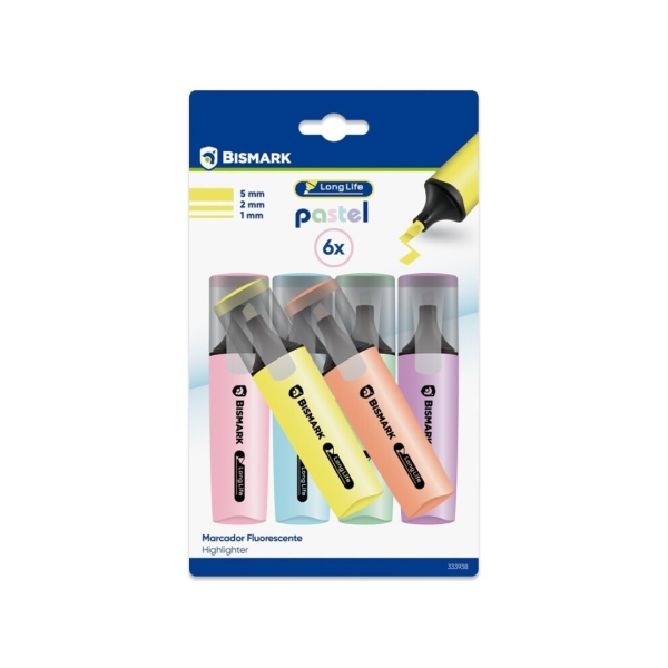 Bismark Long-Life Pack De 6 Marcadores Fluorescente Pastel - Tinta De Secado Rapido - Punta Biselada - Ideal Para Subrayar Y Resaltar - Diseño Ergonomico - Alta Durabilidad