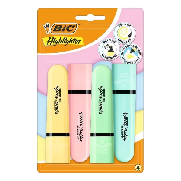 Bic Marking Highlighter Flat Pastel Pack De 4 Marcadores Fluorescentes - Punta Biselada - Trazo Entre 1.20 Y 4.60 Mm - Tinta Con Base De Agua - Colores Pastel Surtidos