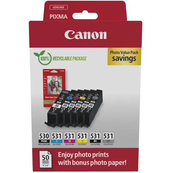Canon Pgi530/Cli531 Pack De 6 Cartuchos De Tinta Originales + 50 Hojas De Papel Fotografico 10X15Cm - 6117C004