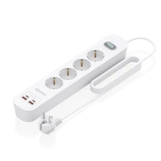 Aisens Regleta 4 Tomas Schuko con 2xUSB-C y 2xUSB-A, 1.4m, Interruptor LED, Power Delivery, Qualcomm 3.0, Blanco