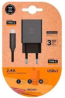 TechOneTech Cargador Doble de Pared con Cable USB-A a USB-C 1m Nylon Trenzado