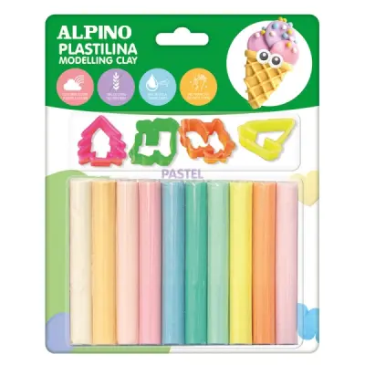 Alpino Pack de 10 Barras de Plastilina 17g con 4 Moldes - Colores Pastel Surtidos