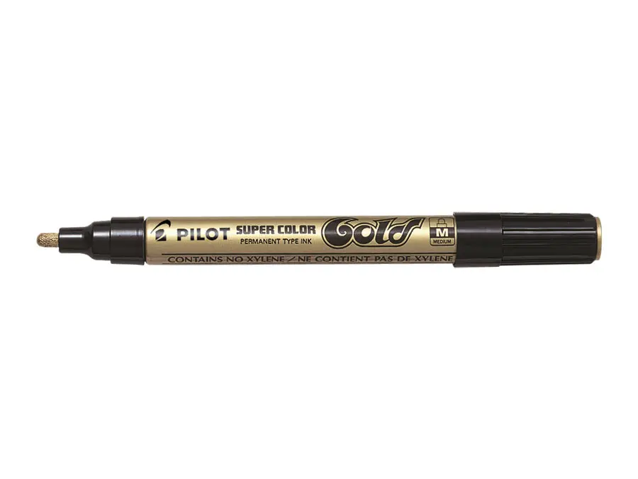 Pilot Super Color Rotulador Permanente Medio - Punta de 4,5mm de Poliacetal - Tinta muy Densa y Opaca - Cuerpo Metalico - Color Oro