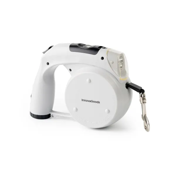 Innovagoods Leashic Correa Retractil 6 en 1 - Luz LED - Reloj - Compartimento de Bolsas y Comida - Bebedero - Extension hasta 4m - Apto hasta 35kg - Incluye Bolsas - 18x13.5x7.5cm - Color Gris y Negro