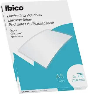 Ibico Laminas Gloss A5 para Plastificar 75 Micras - Acabado Brillante - 100 Unidades