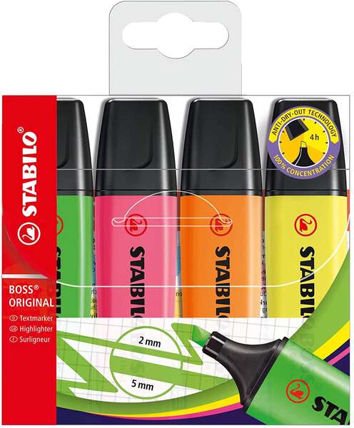 Stabilo Boss 70 Pack De 4 Marcadores Fluorescentes - Trazo Entre 2 Y 5Mm - Recargable - Tinta Con Base De Agua - Colores Surtidos
