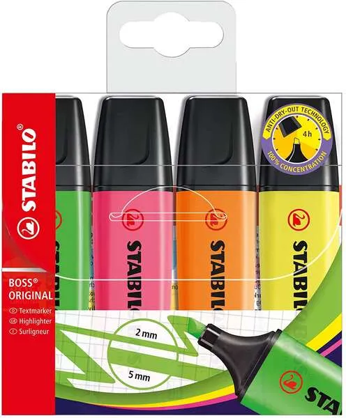 Stabilo Boss 70 Pack De 4 Marcadores Fluorescentes - Trazo Entre 2 Y 5Mm - Recargable - Tinta Con Base De Agua - Colores Surtidos