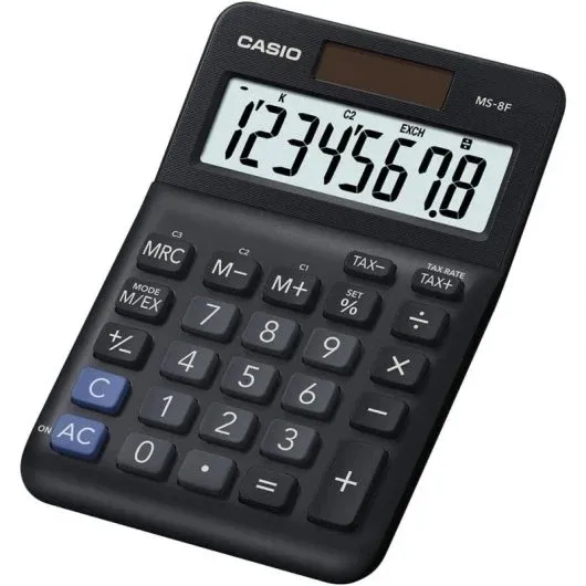Casio Ms-8F Calculadora De Sobremesa Con Pantalla Extragrande De 8 Digitos - Signos De Comando De Funcion - Alimentacion Solar Y Pilas - Color Negro