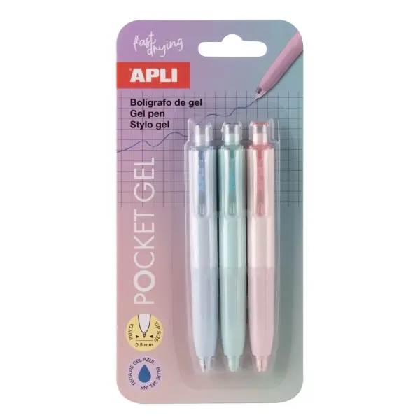 Apli Pocket Gel Blister con 3 Mini Bolígrafos Retráctiles Tinta Azul Pastel