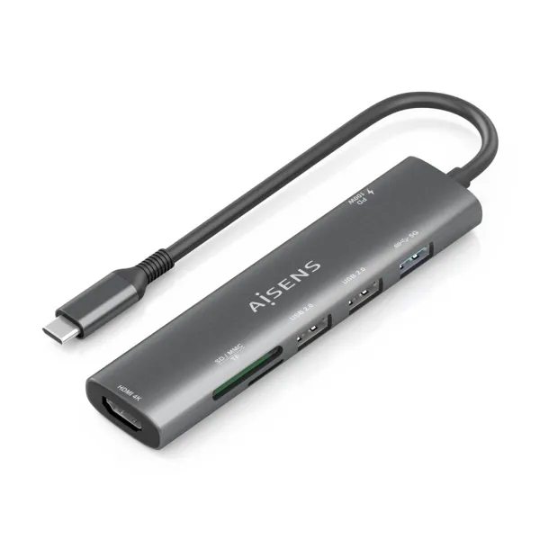 Aisens Usb-C Dock 7 En 1 - Usb-C A 1Xhdmi - 2Xusb-A 2.0 - 1Xusb-A 3.0 - 1Xusb-C 100W - 1Xsd - 1Xmicrosd - 15Cm - Color Gris
