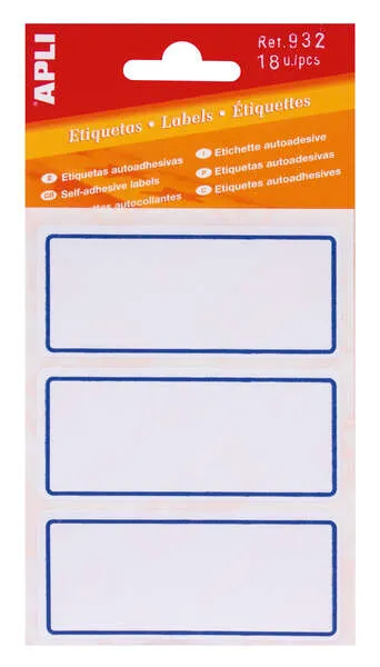 Apli Etiquetas Adhesivas Escolares 78x34mm - 6 Hojas (18 Etiquetas) - Adhesivo Permanente Blanco con Ribete Azul
