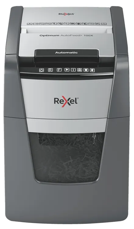 Rexel Optimum AutoFeed 100X Destructora Automatica de Corte en Particulas P-4 - Alimentacion Automatica 100 Hojas y Manual 8 Hojas - Capacidad de la Papelera 34L - Color Gris/Plata