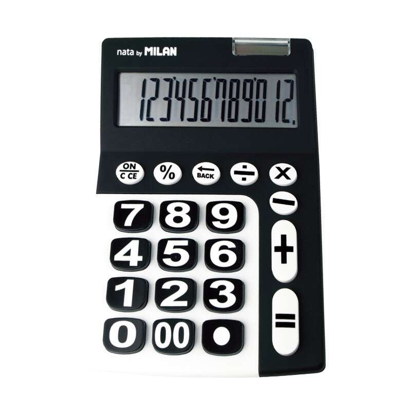 Milan Calculadora De 12 Digitos Extra Grande - Tecla De Rectificacion De Entrada De Datos - Color Negro Y Blanco