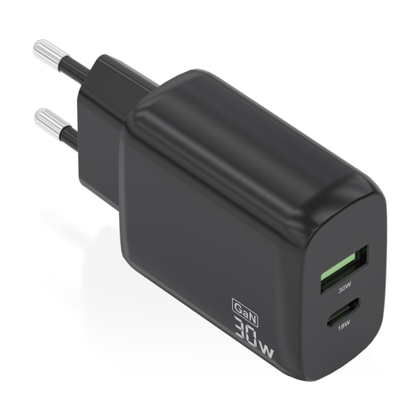 Aisens Cargador Gan 30W - 1Xusb-C Pd3.0 Qc4.0 - 1Xusb-A Qc3.0 - Color Negro