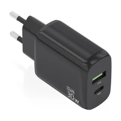 Aisens Cargador GaN 30W USB-C PD3.0 QC4.0 y USB-A QC3.0 Color Negro