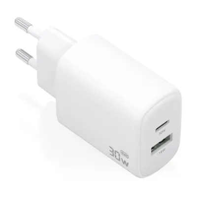 Aisens Cargador GaN 30W USB-C PD3.0 QC4.0 y USB-A QC3.0 Blanco con Tecnología AI