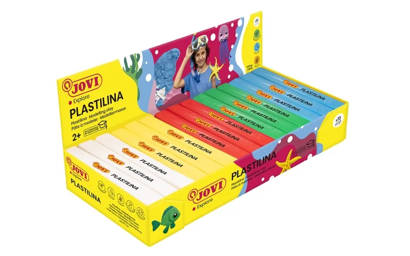 Jovi Expositor De 15 Pastillas De Plastilina 150Gr - Colores Basicos - 100% Vegetal - Muy Moldeable - No Se Seca - Colores Mezclables - Color Surtido