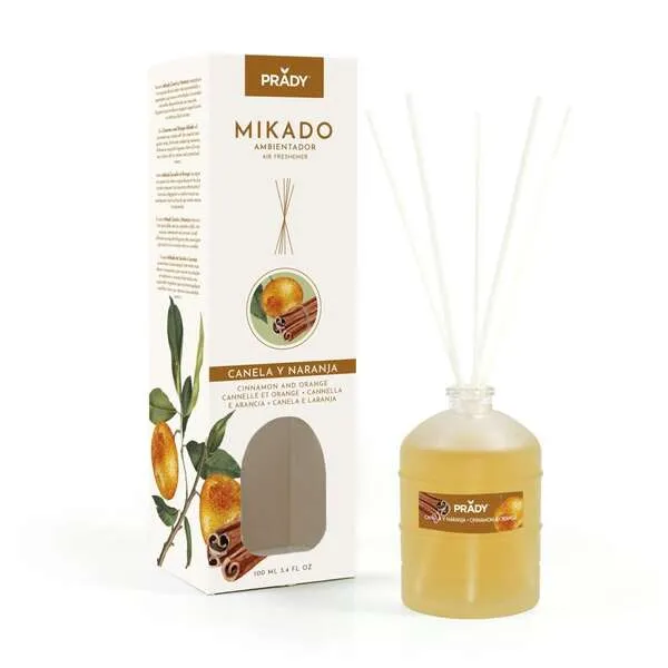 Prady Ambientador Mikado Canela Y Naranja - Frasco De Cristal 100Ml Y Varitas Difusoras