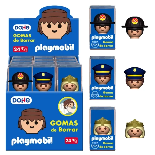 Dohe Expositor Playmobil de 24 Gomas de Borrar en PVC - Policia, Bombero y Princesa
