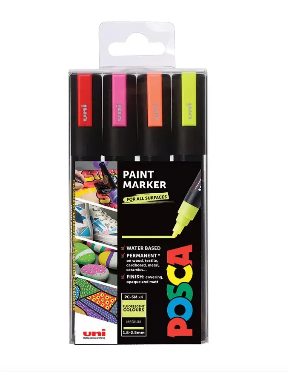 POSCA Marcador PC-5M Fluorescente No Permanente 1.8MM-2.5MM Estuche 4 Unidades