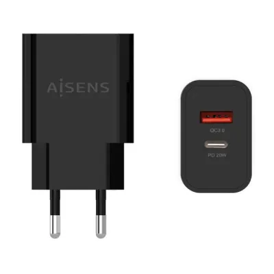 Aisens Cargador 20W USB-C PD3.0 y USB-A QC3.0 Negro